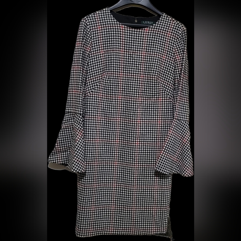 Lauren Ralph Lauren Black and White Houndstooth Dress with Pink/Red Highlights